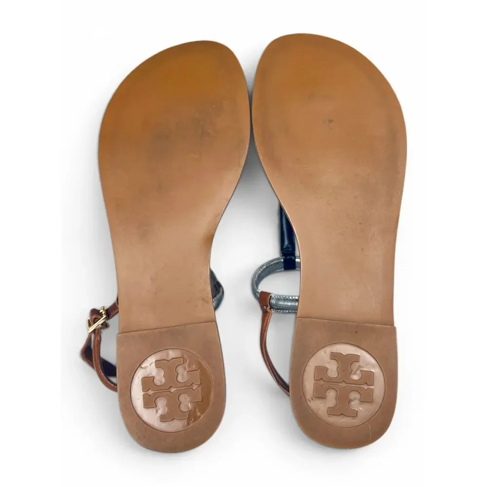 Tory Burch Emmy Colorblock T Strap Sandals Silver Black Tan 9.5